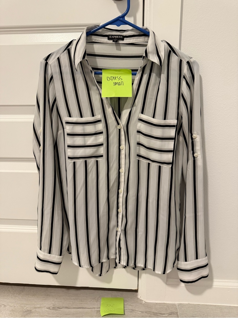 Express Black & White Vertical Stripe Button-Up Blouse